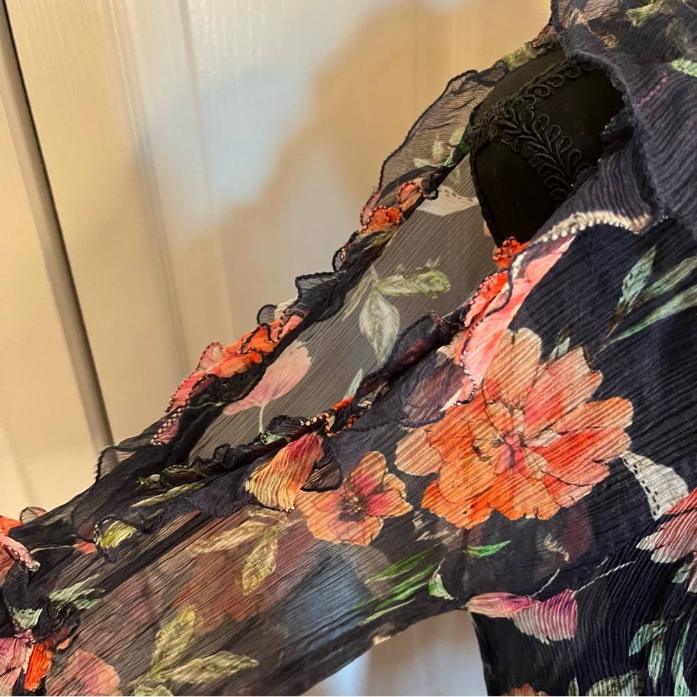 Johnny Was love Desi  100% Silk Top Sz M Floral Sheer Boho Ruffle Tunic peasant - Picture 6 of 11